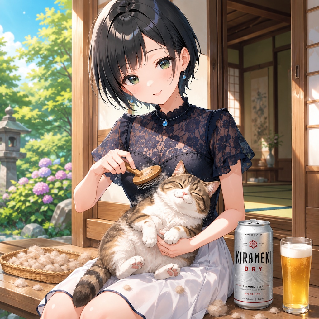 猫のブラッシングをする藍音ちゃん