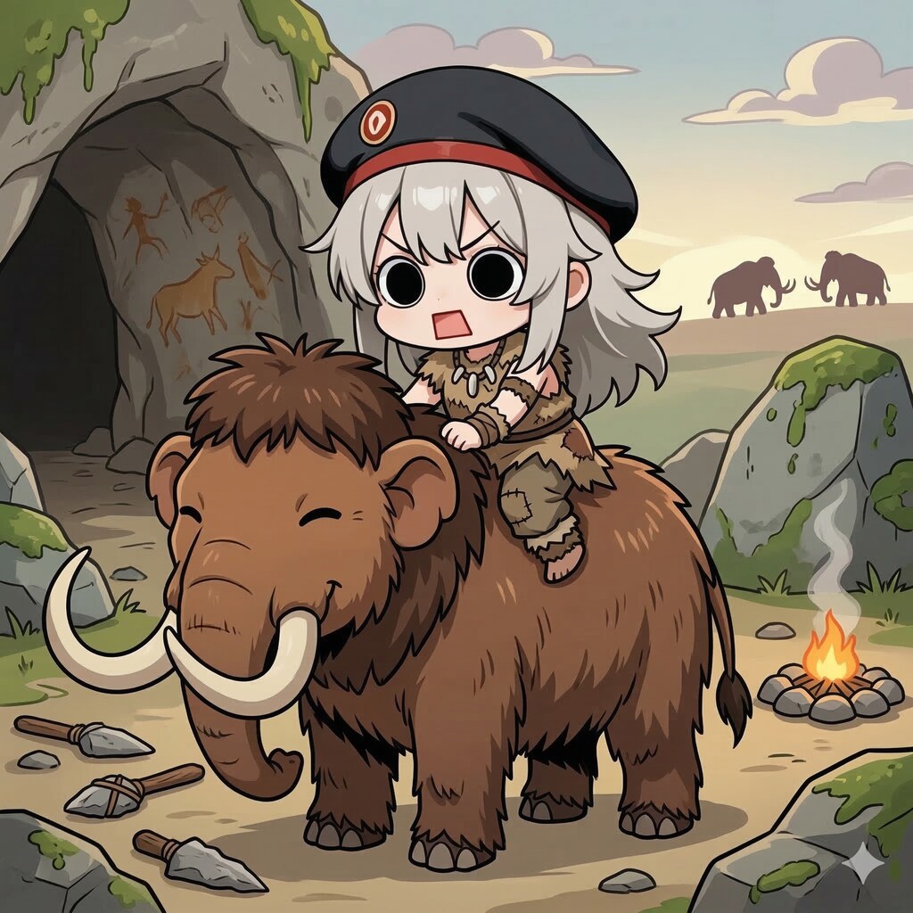 マンモスを乗りこなすえらいこっちゃ嬢