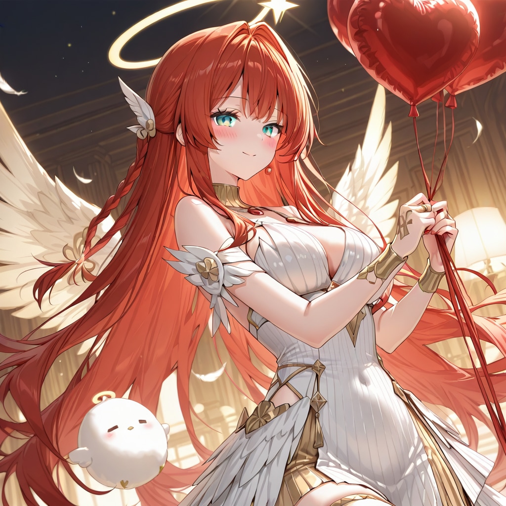 赤いハート風船を持つ赤い髪ロングの天使の美女。