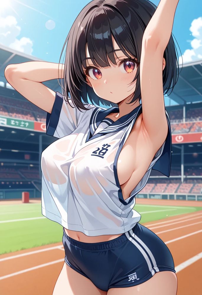 競技場にて、横乳ブルマちゃんの腋見せ