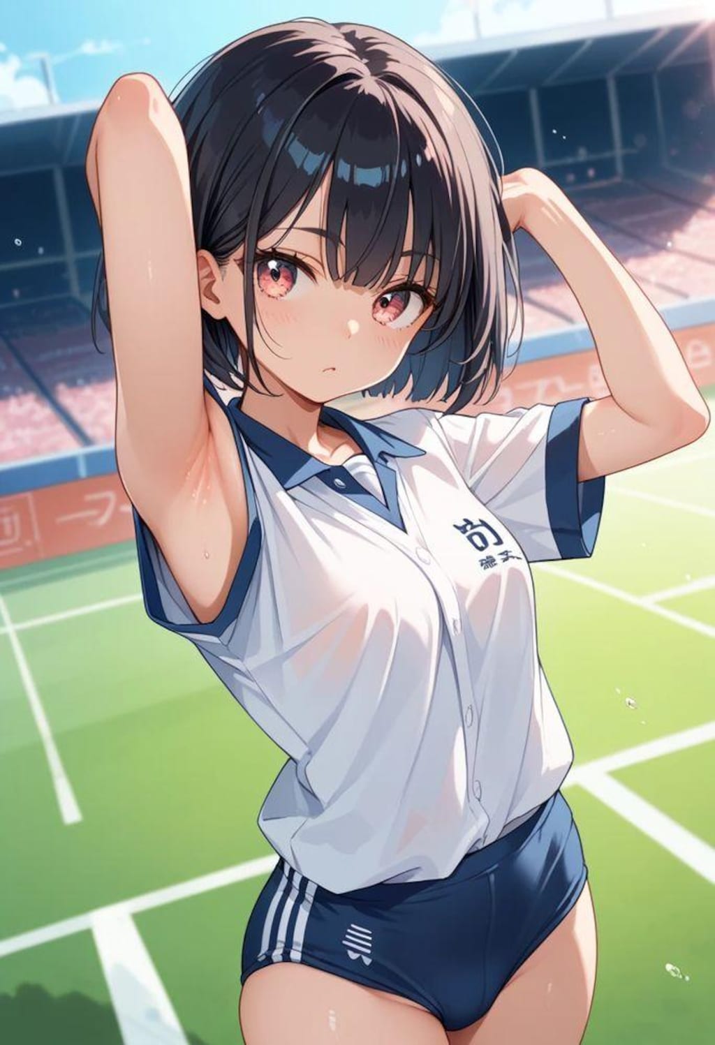 競技場にて、横乳ブルマちゃんの腋見せ