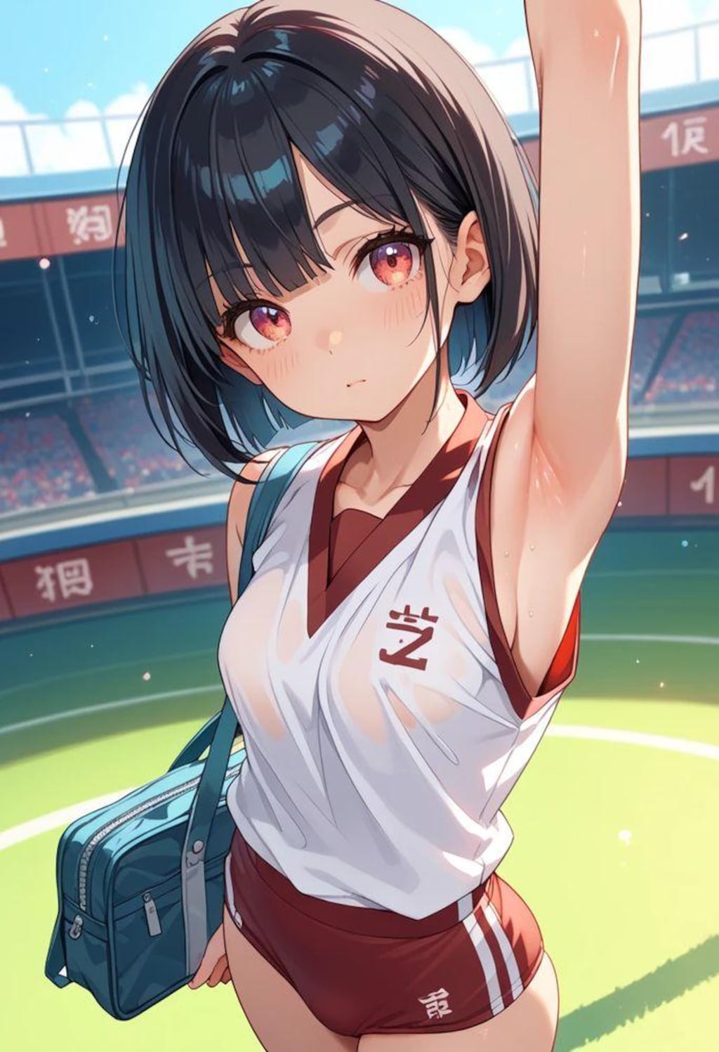 競技場にて、横乳ブルマちゃんの腋見せ