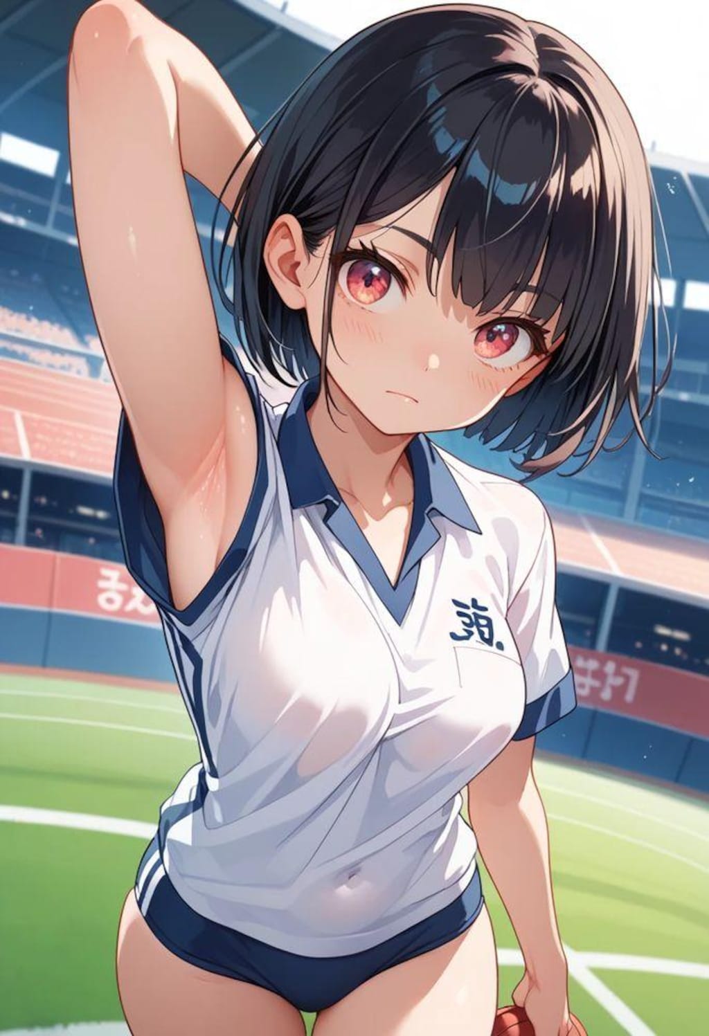 競技場にて、横乳ブルマちゃんの腋見せ