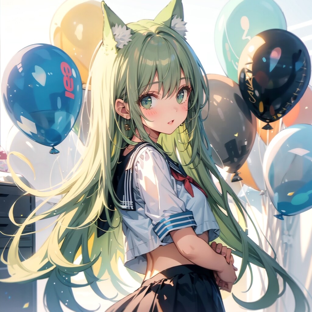 いっぱい風船を持つ緑髪ロングのセーラー服のケモミミ美少女。 | の人気AIイラスト・グラビア