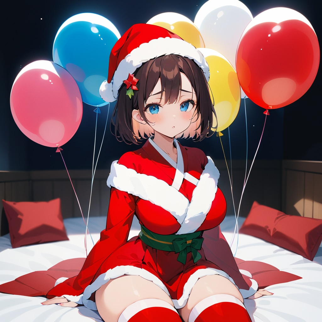 着物サンタコスの女の子とベッドで風船遊び | の人気AIイラスト・グラビア
