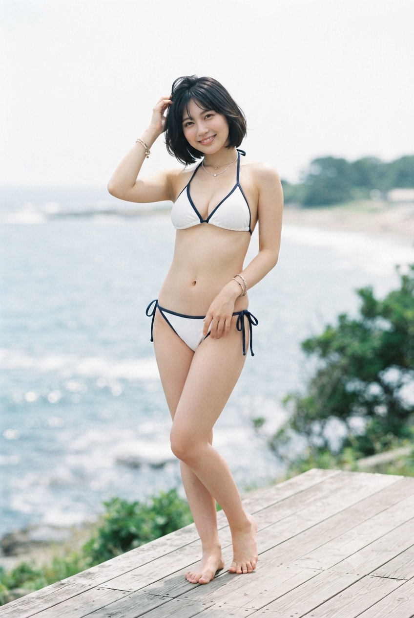 青いラインに縁取られた白いビキニ