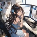 PCで作業している青い服の女の子 5枚目