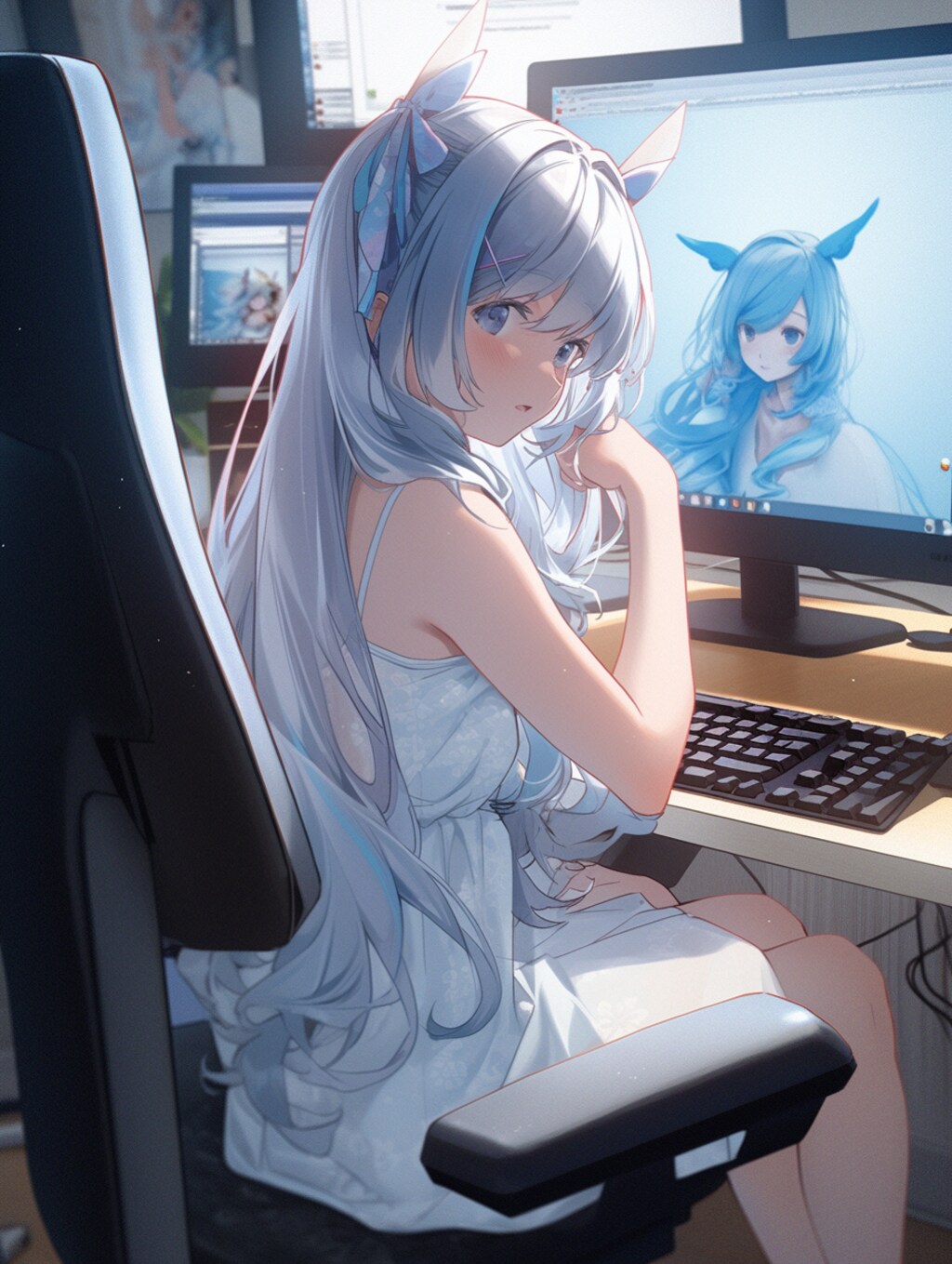 PCで作業している青い服の女の子