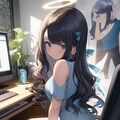 PCで作業している青い服の女の子 2枚目