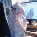 PCで作業している青い服の女の子 9枚目