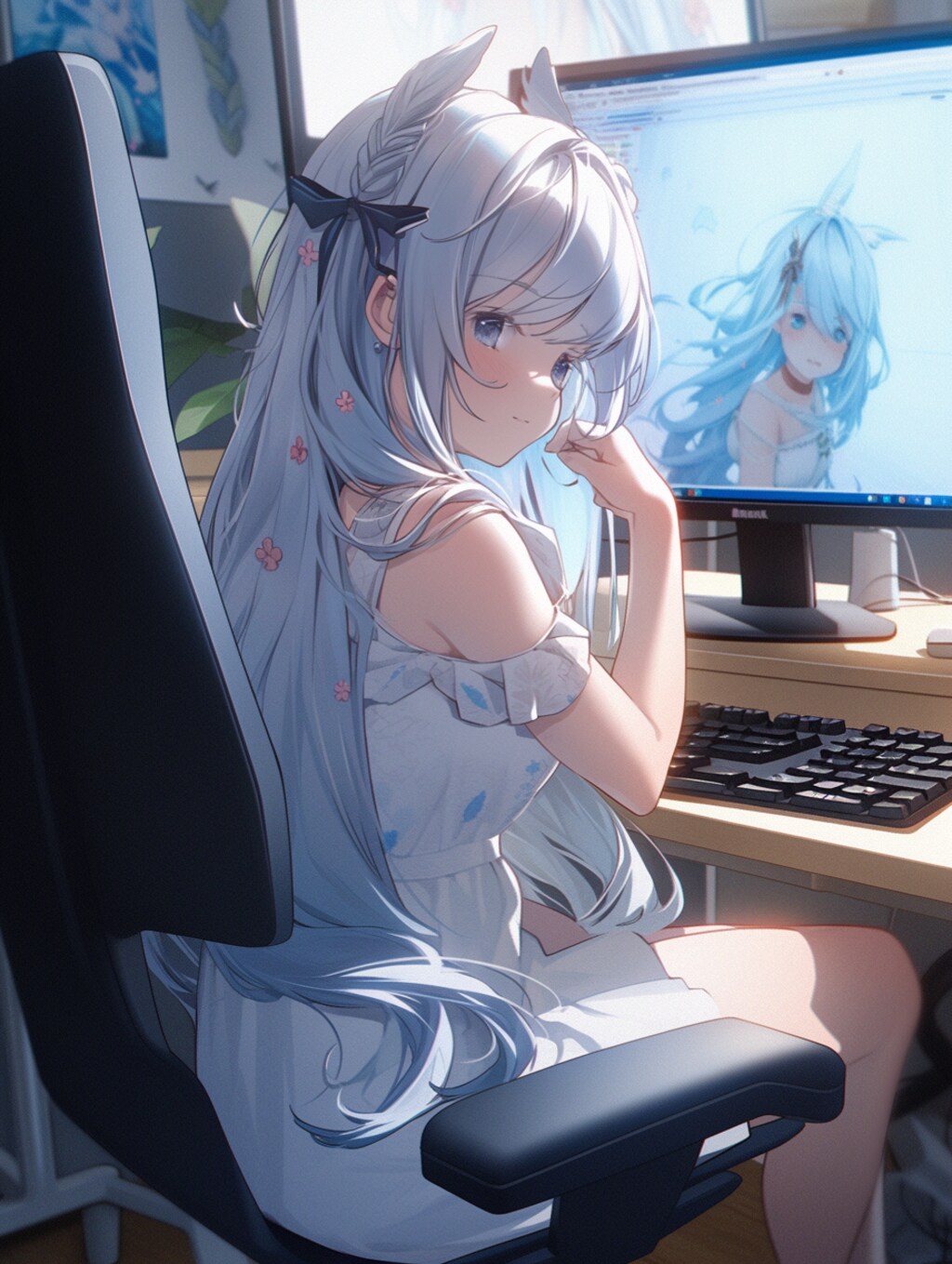 PCで作業している青い服の女の子