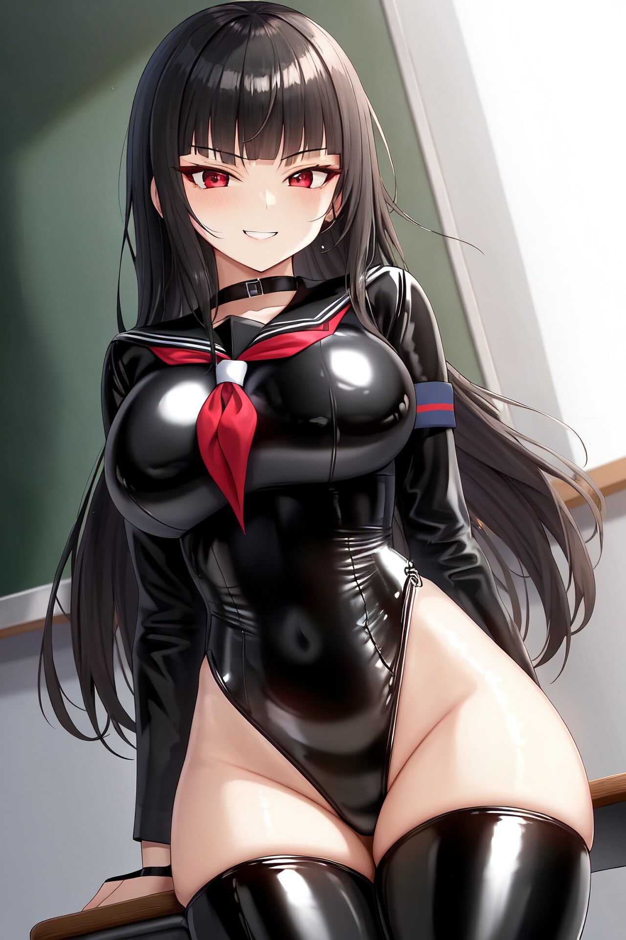 黒髪ぱっつんロングエナメルレオタードセーラーJKちゃん ほらら