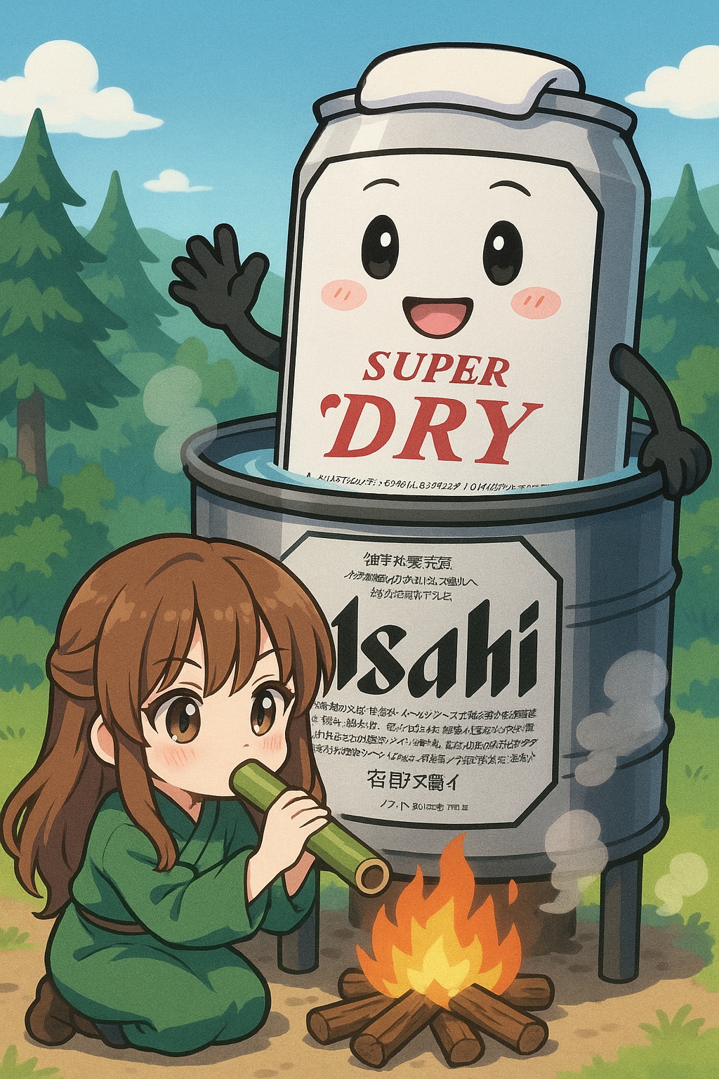 ドラム缶風呂に入る２人