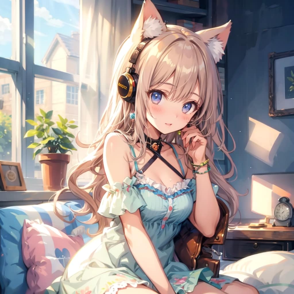 音楽を聴くケモ耳少女