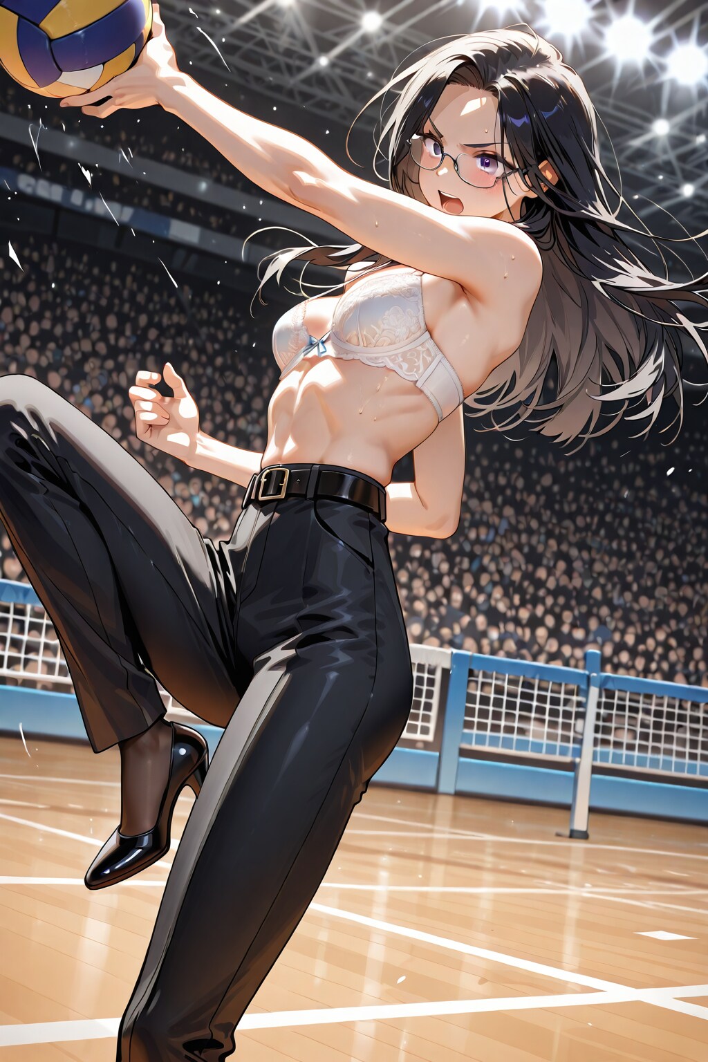 黒髪ナイスバディー美女のブラ姿のバレーボール