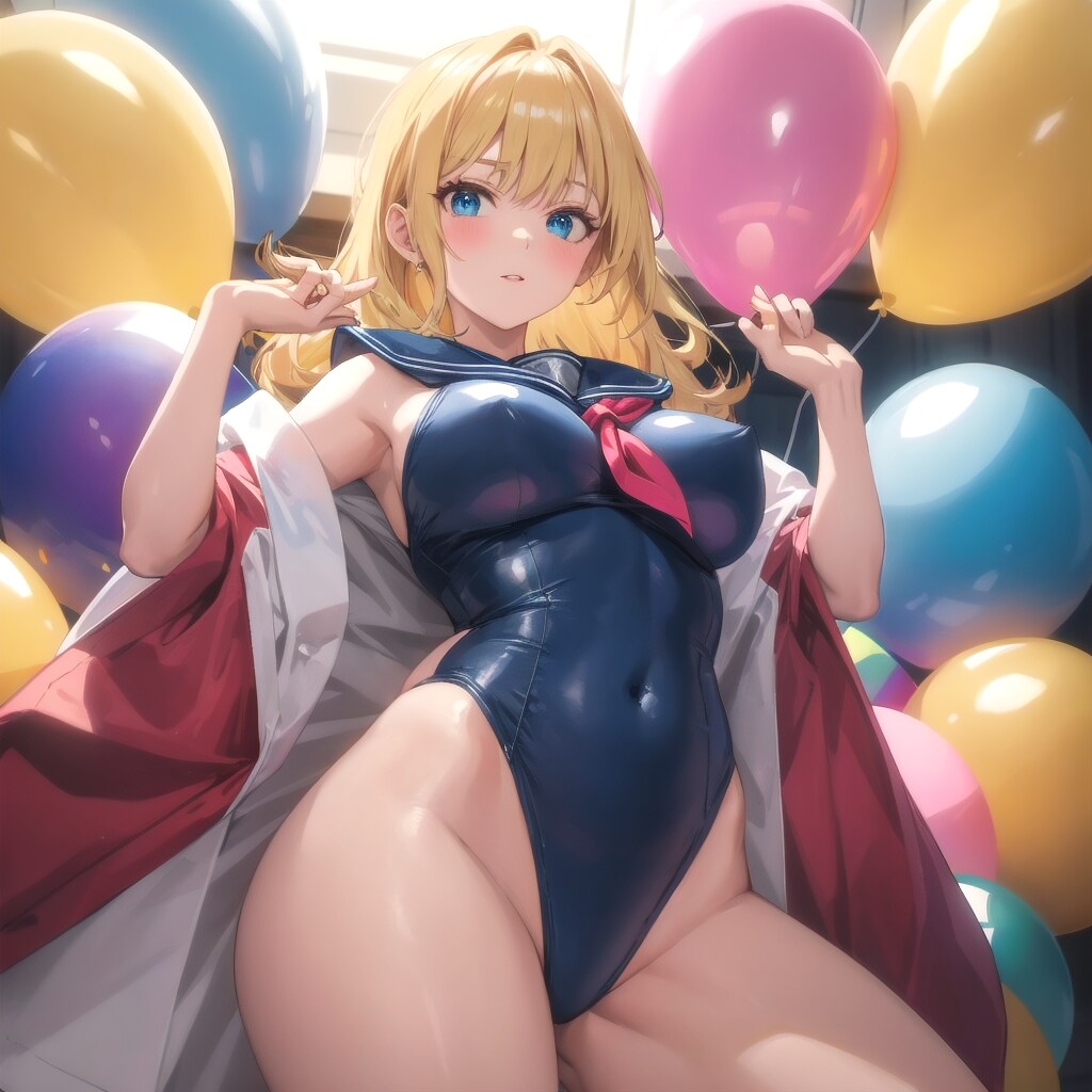 広い部屋の中で色とりどりの風船を膨らませて遊ぶブロンドロングのセーラー服の美女