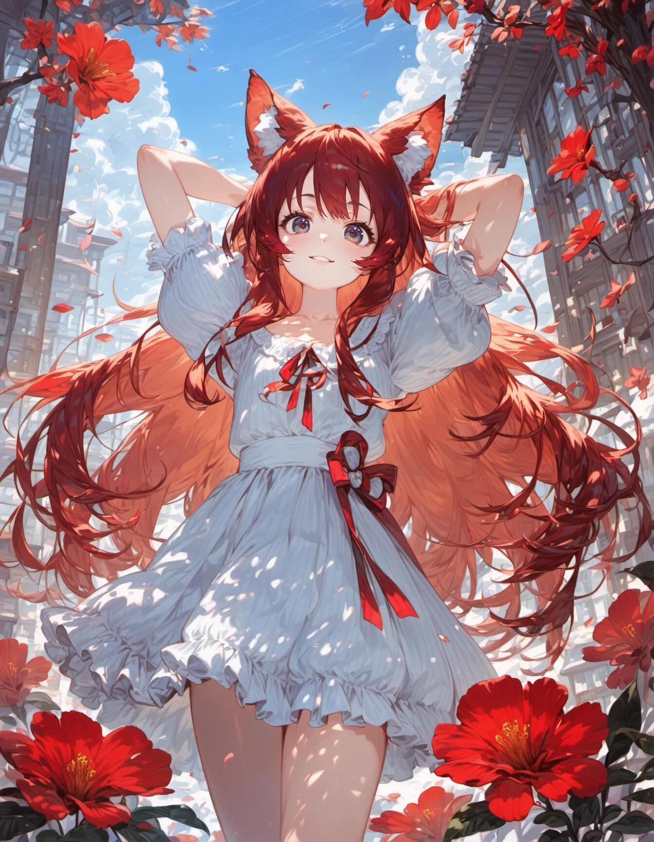 White Dress, Red Ribbons, and Blue Sky | の人気AIイラスト・グラビア