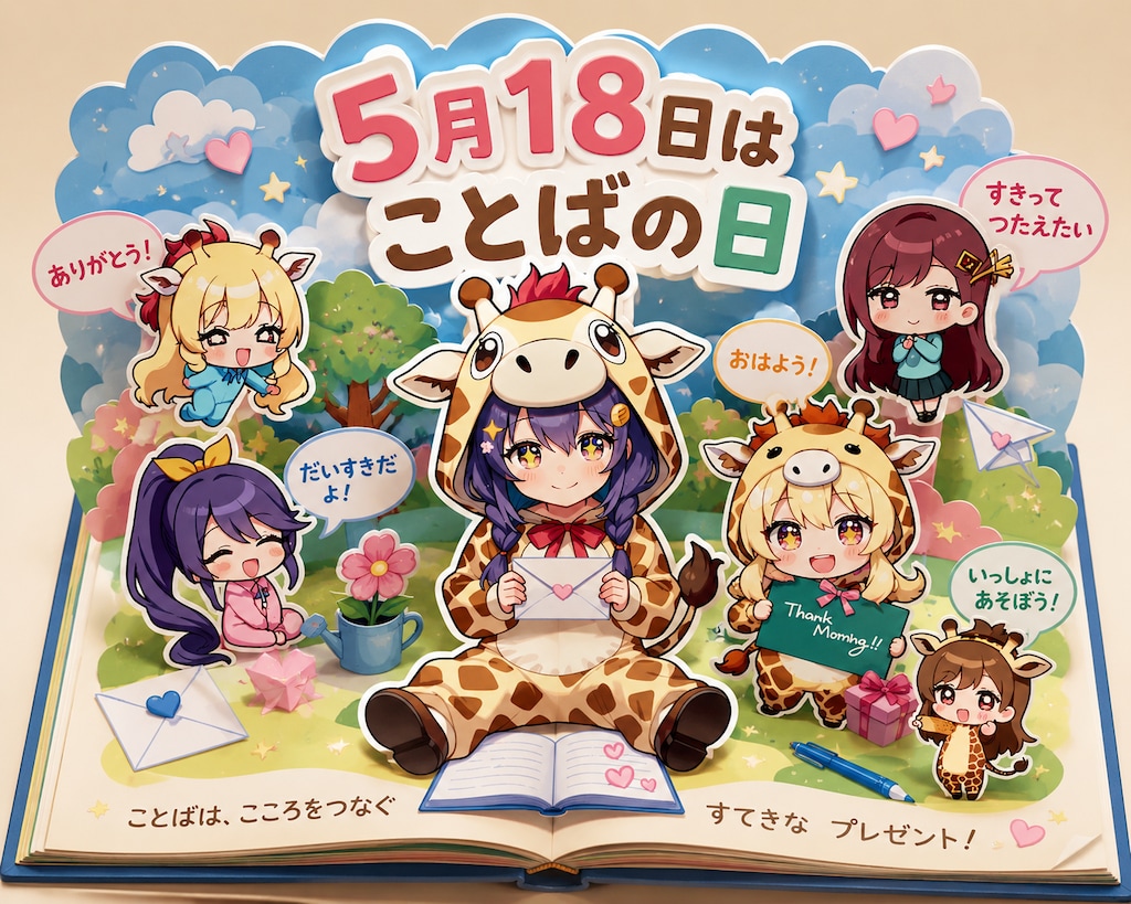 ことばの日のキリン着ぐるみちび子ちゃん