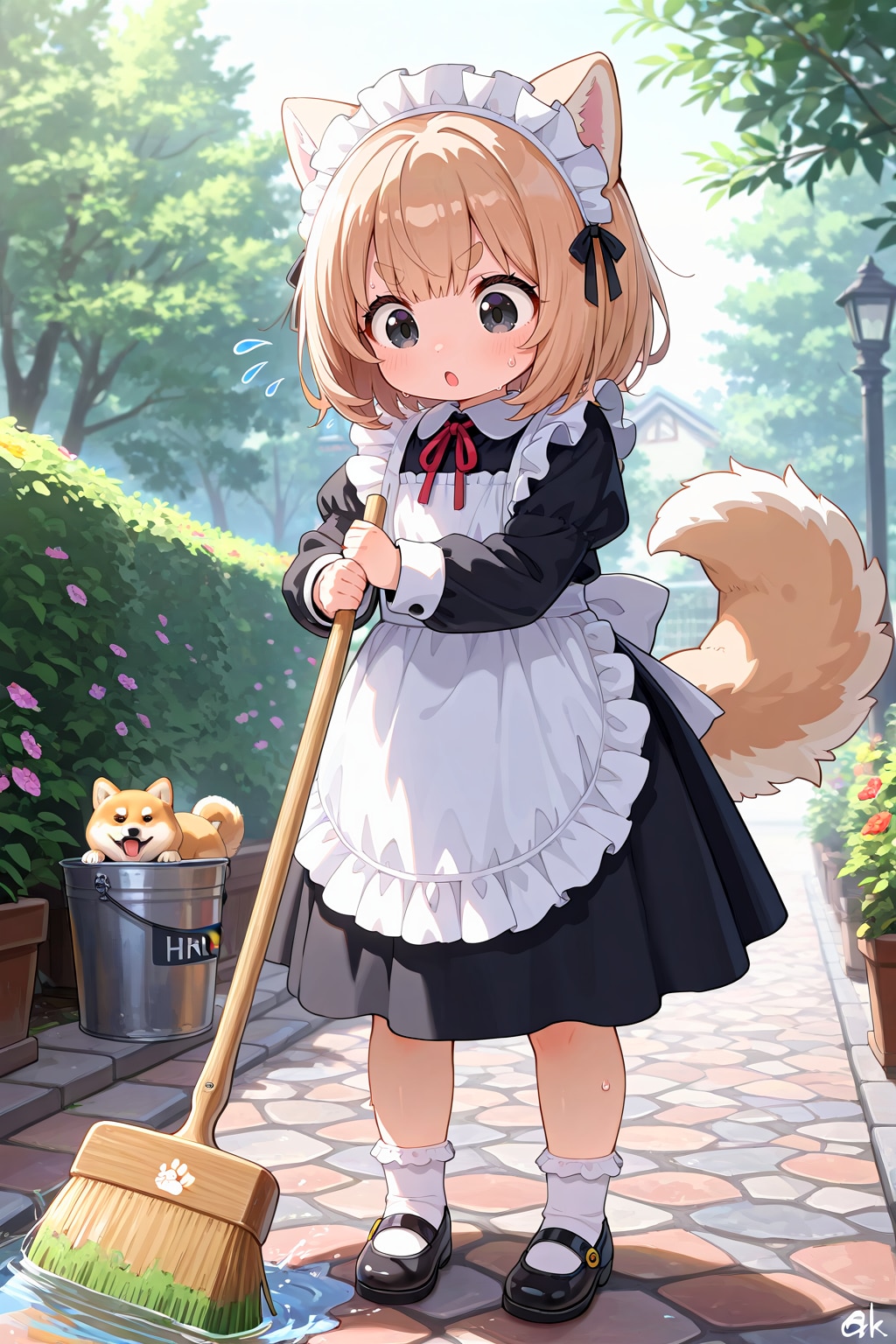 変なデッキブラシに戸惑う柴犬メイド