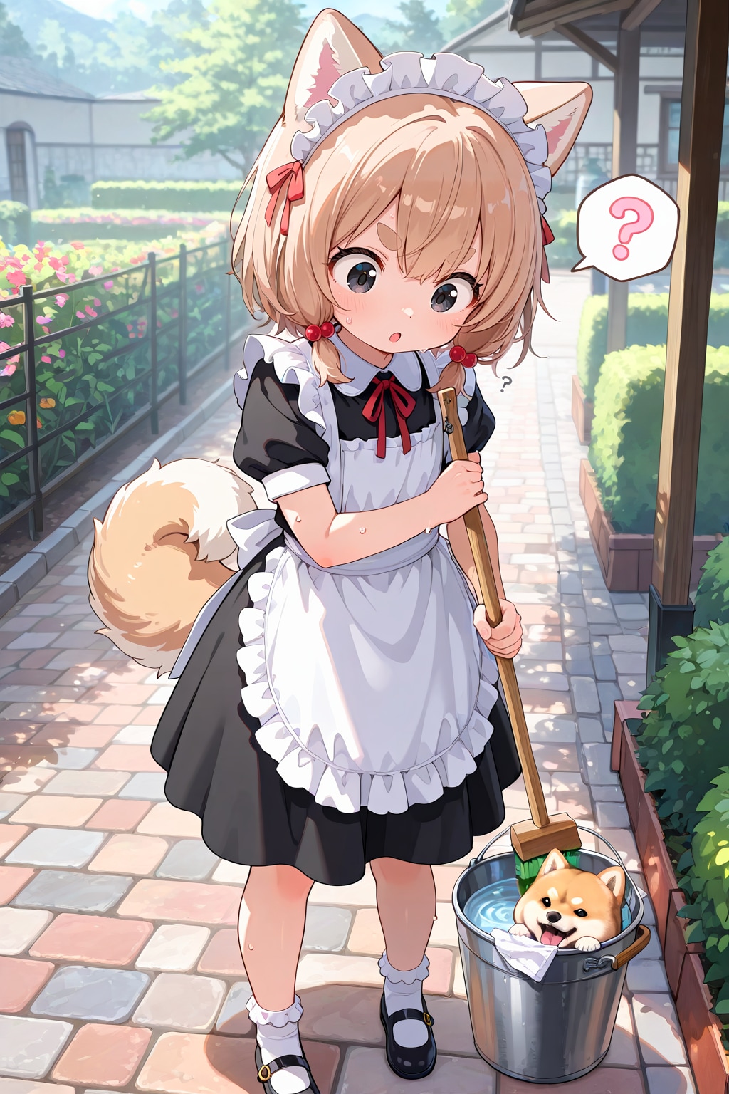 変なデッキブラシに戸惑う柴犬メイド