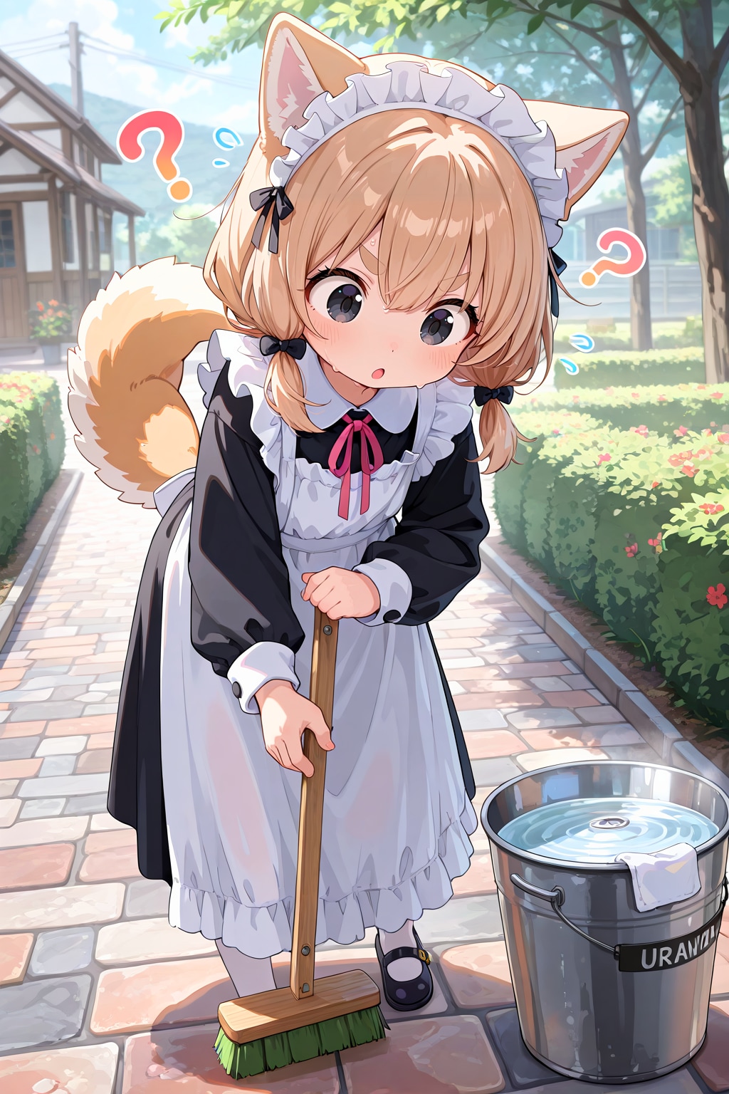 変なデッキブラシに戸惑う柴犬メイド