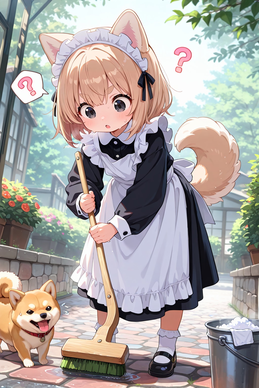 変なデッキブラシに戸惑う柴犬メイド