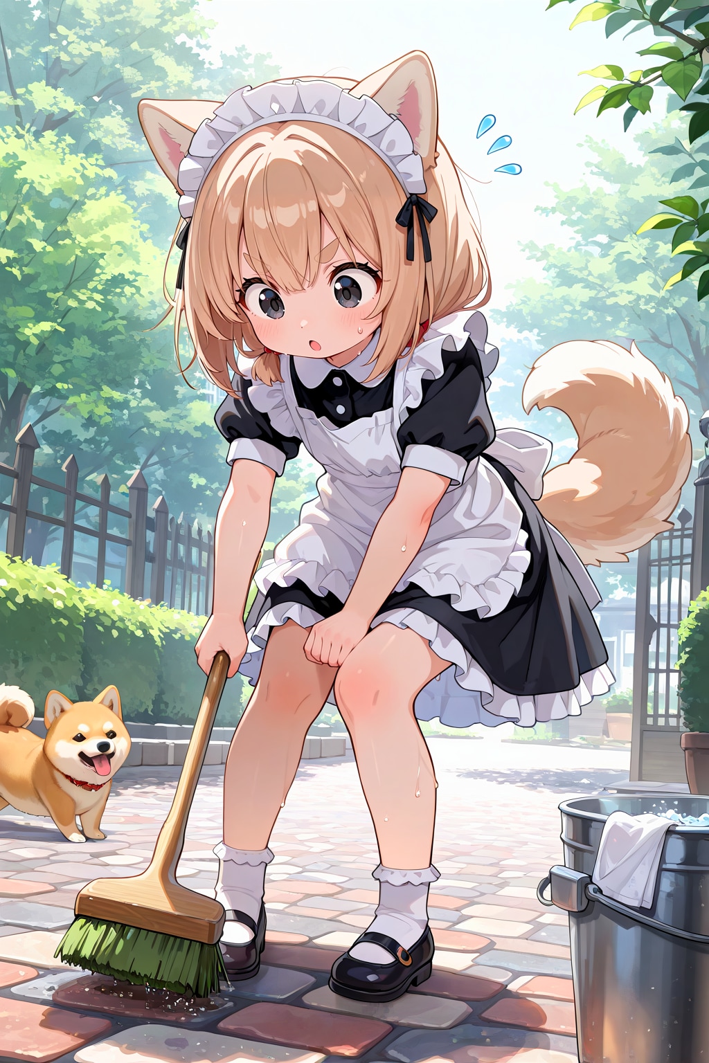 変なデッキブラシに戸惑う柴犬メイド