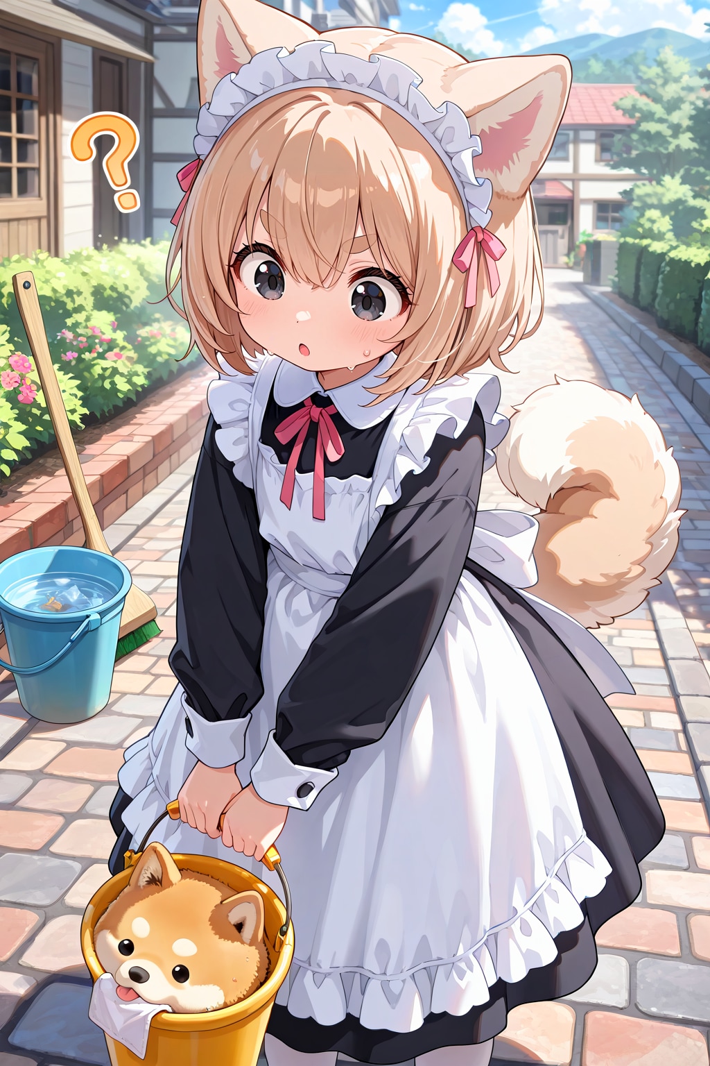 変なデッキブラシに戸惑う柴犬メイド