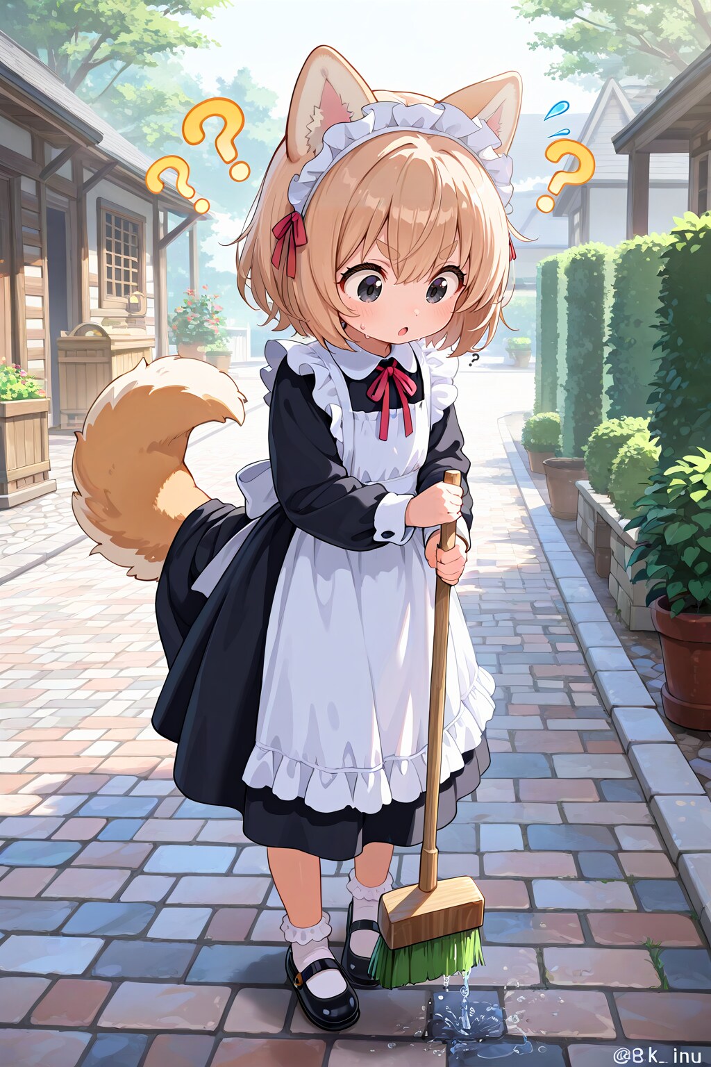 変なデッキブラシに戸惑う柴犬メイド