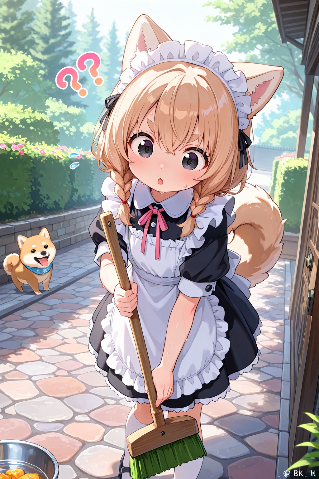 変なデッキブラシに戸惑う柴犬メイド