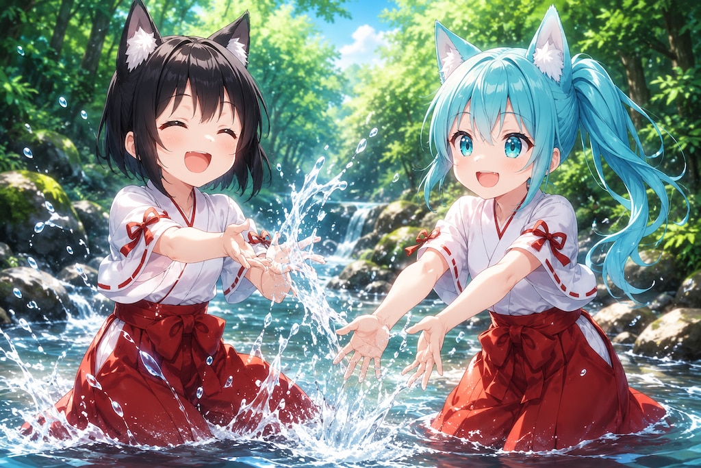 川で水遊び