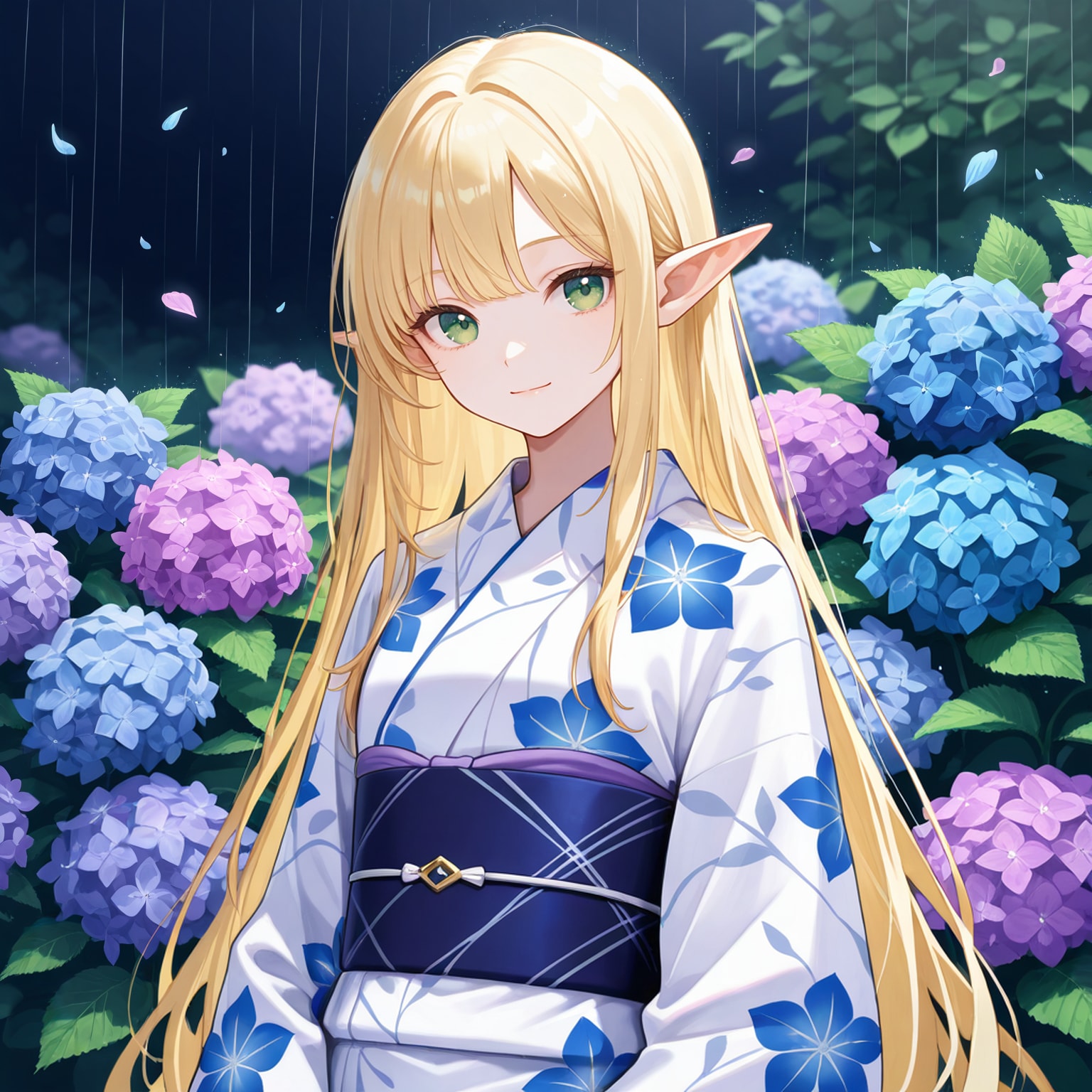 雨と紫陽花と浴衣エルフ魔女さん