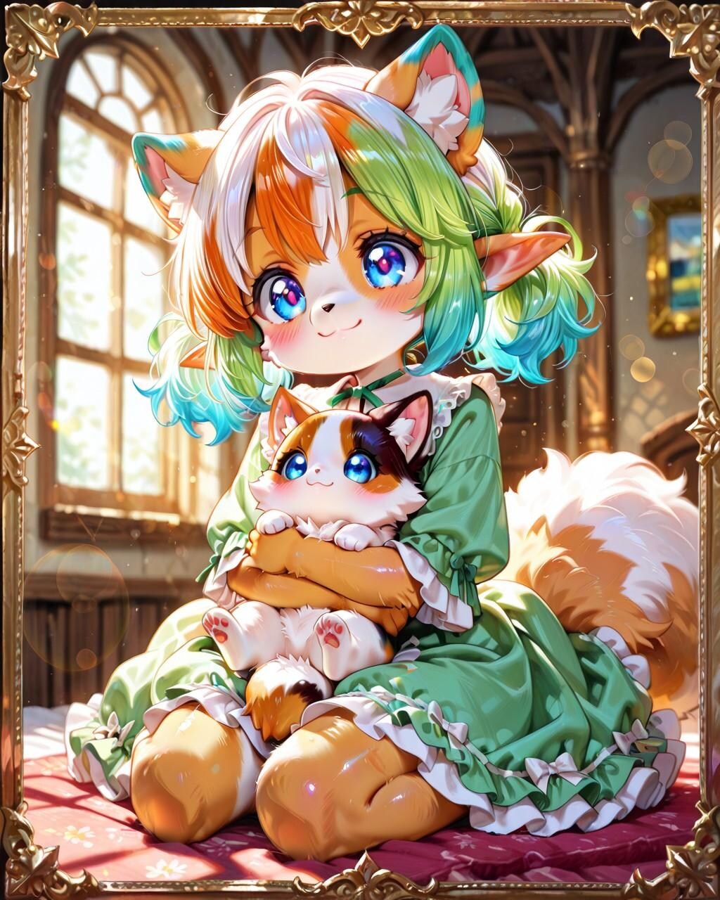 12枚）子猫を抱くケモ耳エルフさん