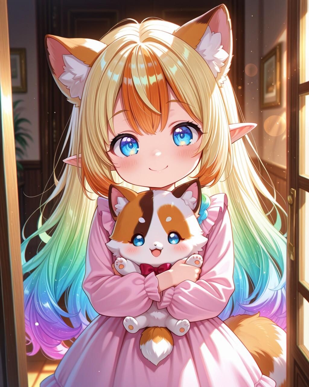 12枚）子猫を抱くケモ耳エルフさん
