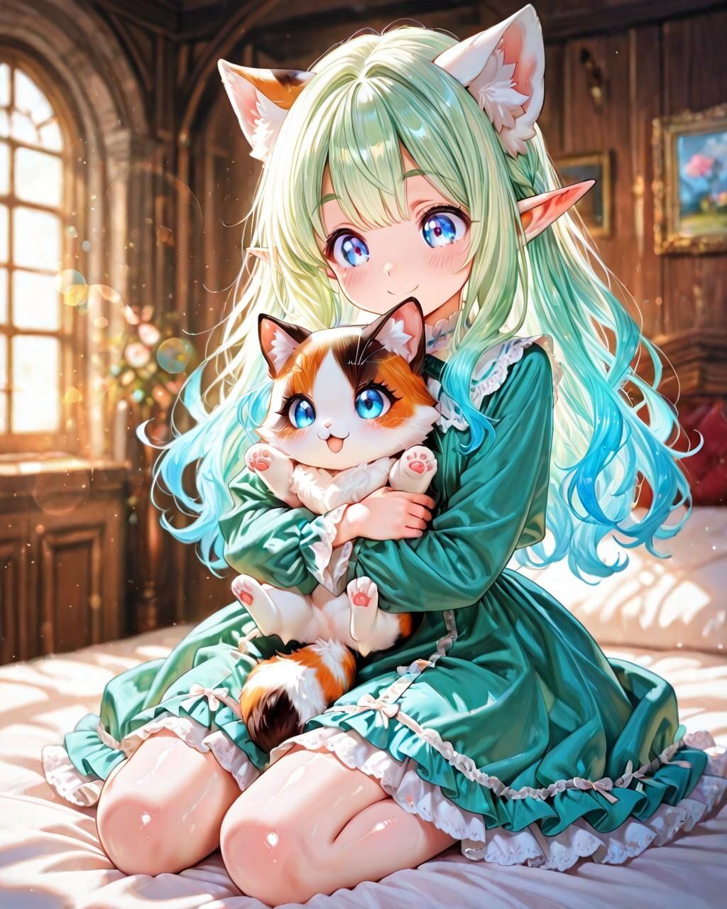 12枚）子猫を抱くケモ耳エルフさん
