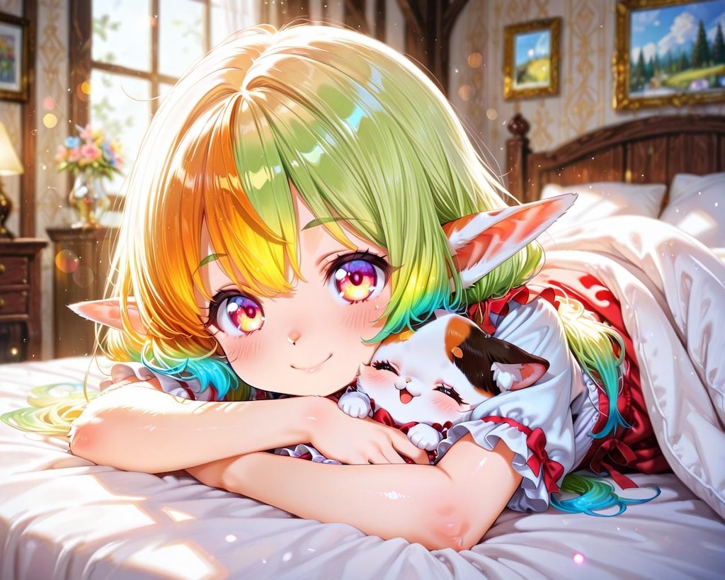 12枚）子猫を抱くケモ耳エルフさん