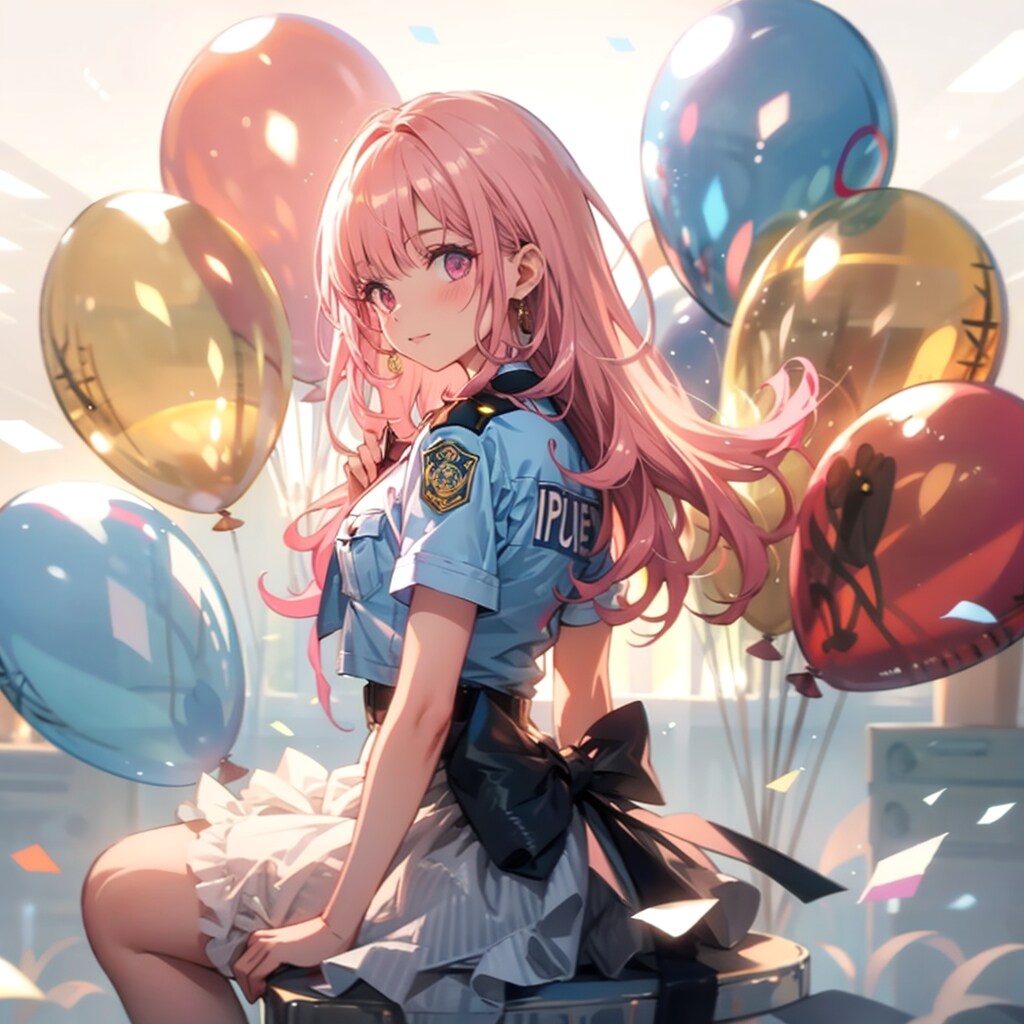 いっぱい風船を持つピンク髪ロングの警察官の美女。