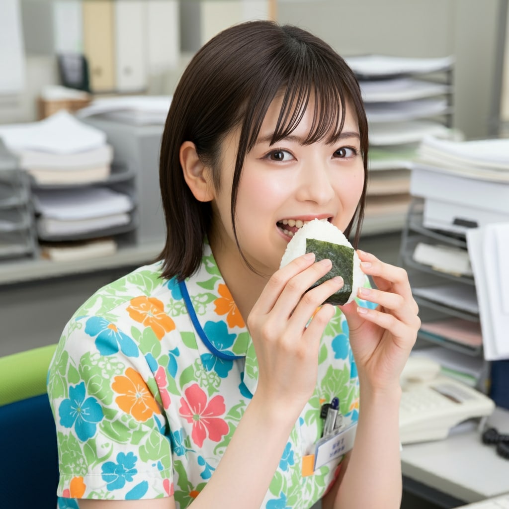 会社でおにぎりを食べるOL