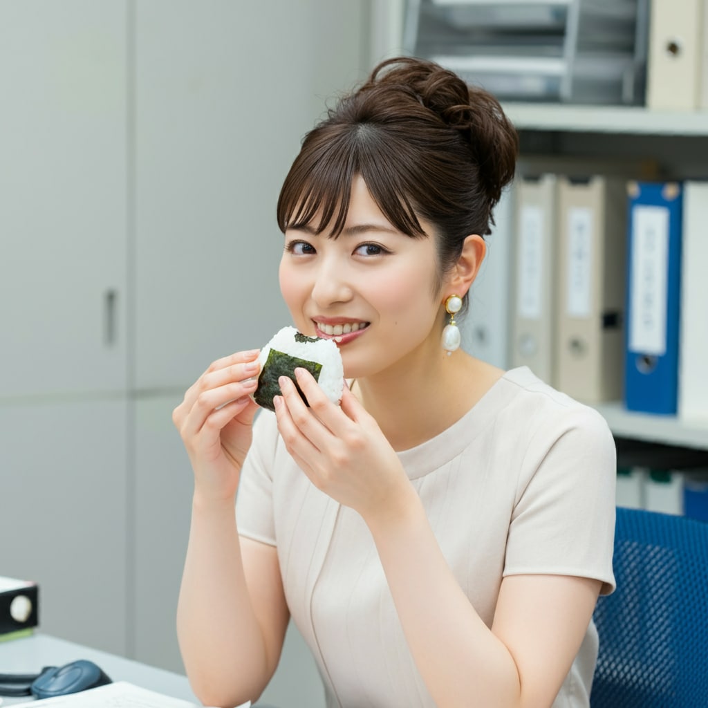 会社でおにぎりを食べるOL