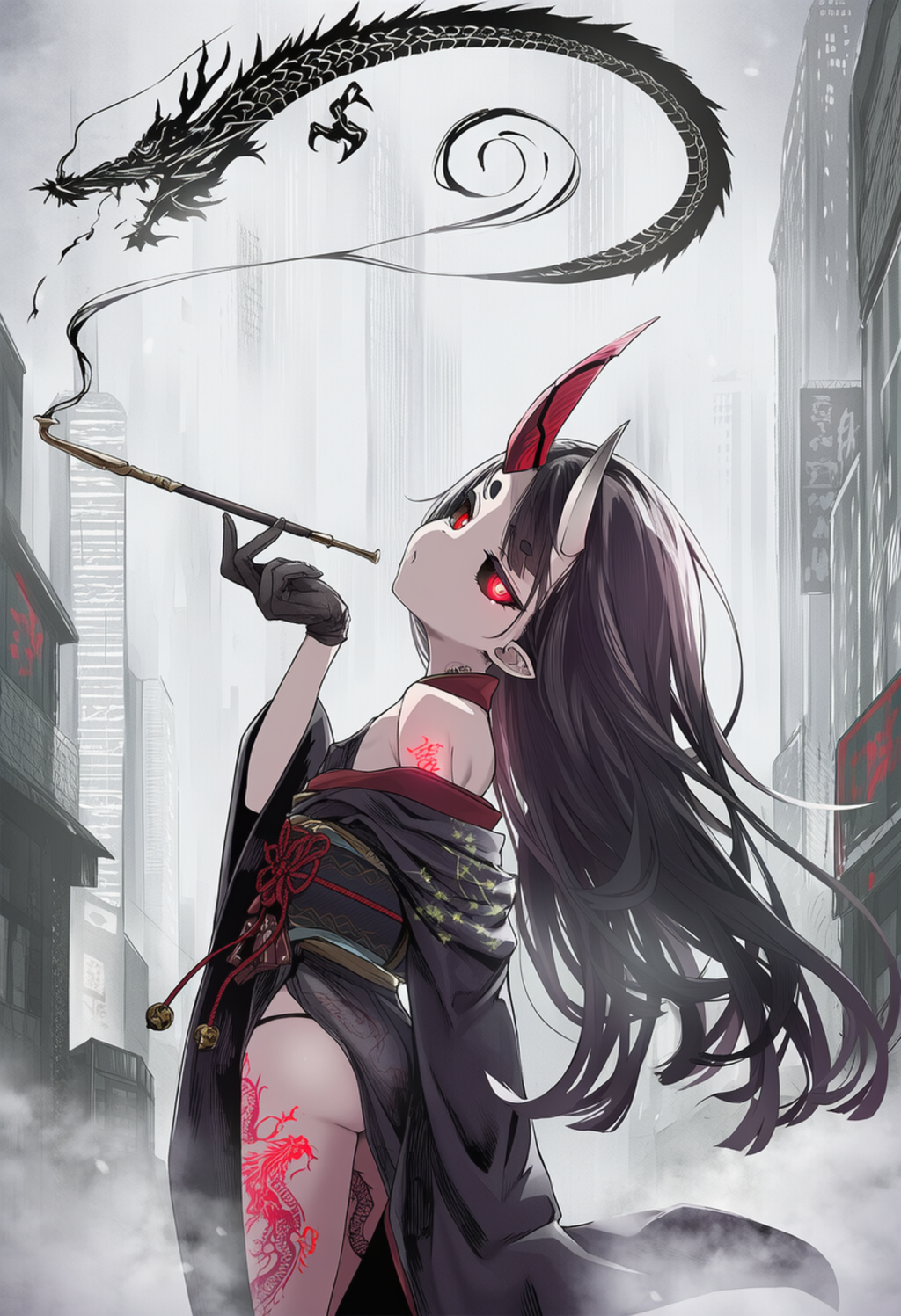 水墨画でサイバーパンク鬼娘ちゃん
