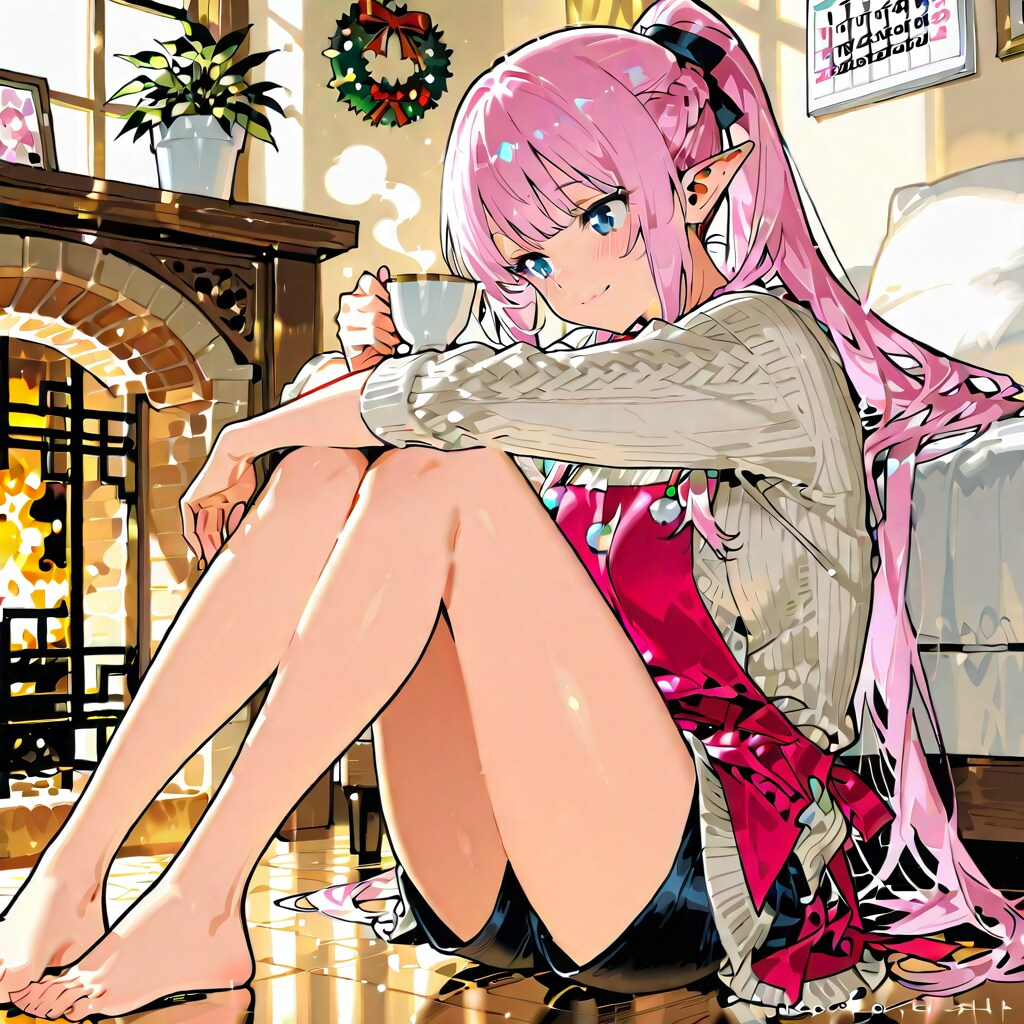 クリスマス後の大掃除が終わりホッと一息いれているエルフの女の子