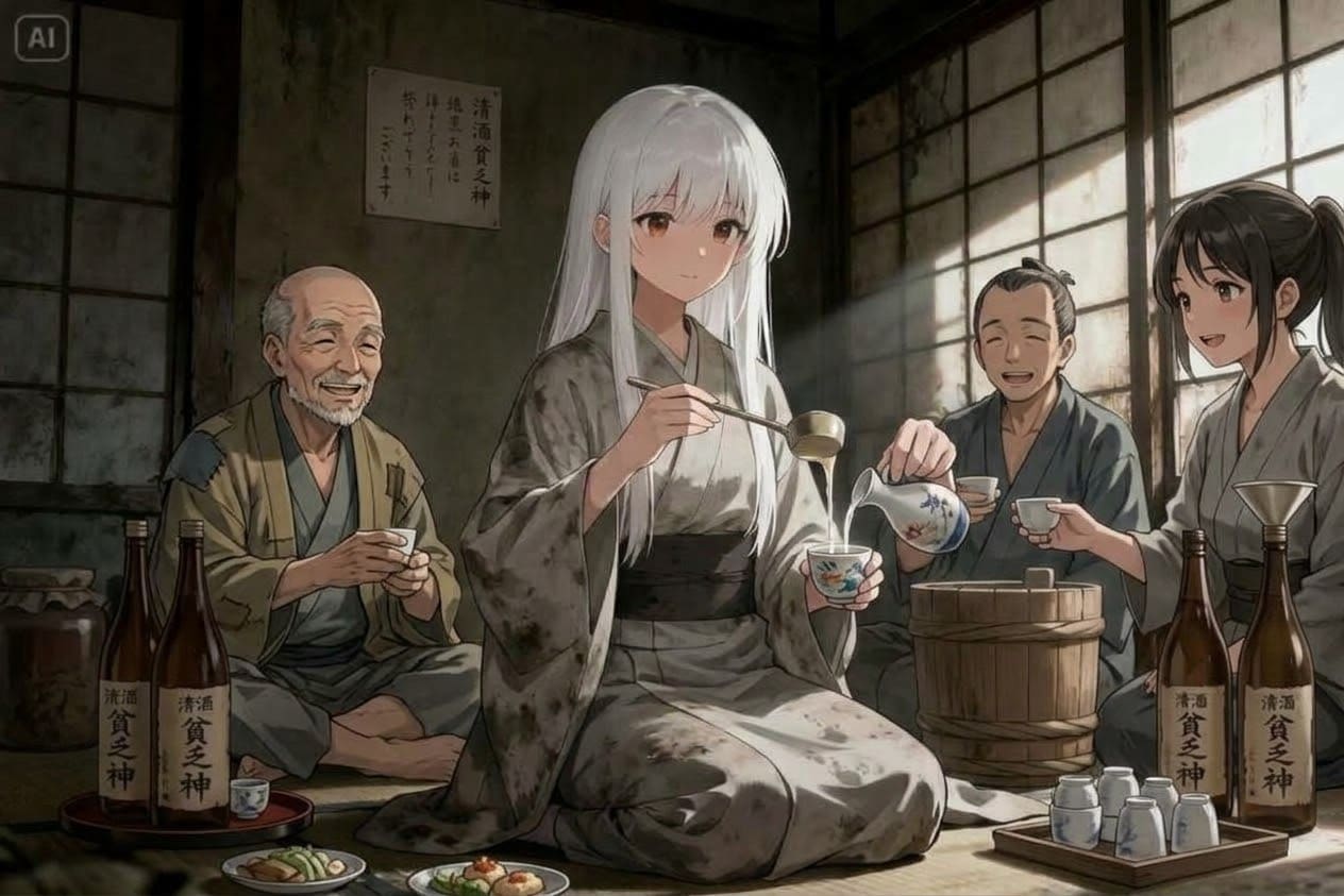 忘れ荘住民にお酒を振る舞う貧乏神 | の人気AIイラスト・グラビア