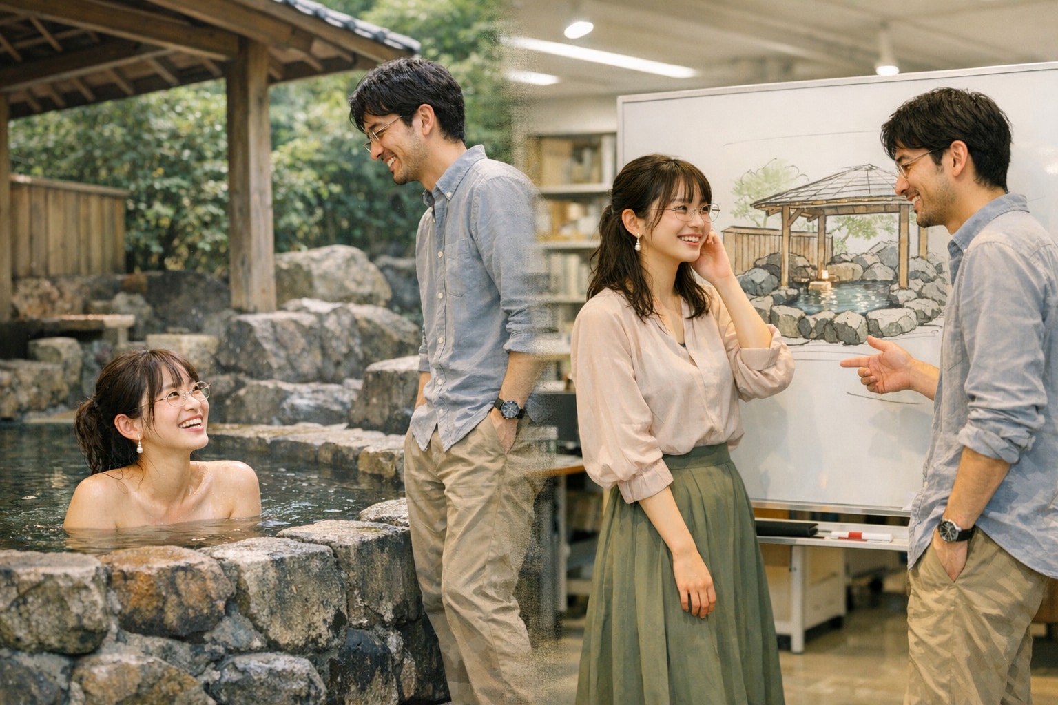 若手の露天風呂デザイナーと意気投合するメガネ女子