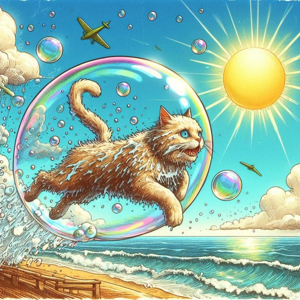 シャボン玉で飛ぶコスプレ人妻&ペン水彩猫画