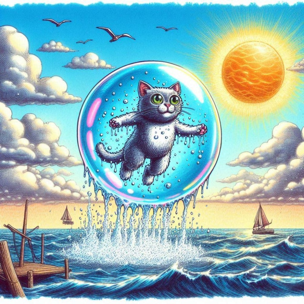 シャボン玉で飛ぶコスプレ人妻&ペン水彩猫画