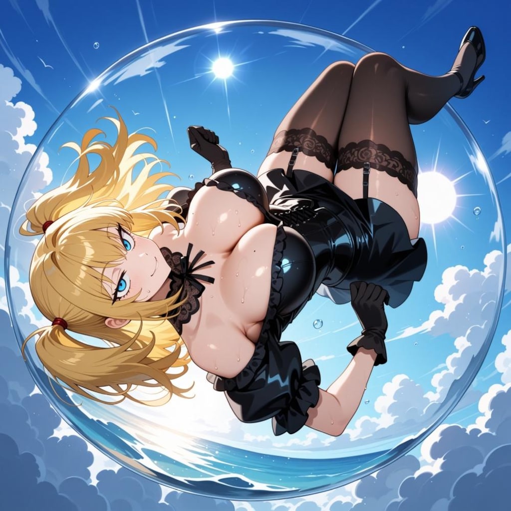 シャボン玉で飛ぶコスプレ人妻&ペン水彩猫画