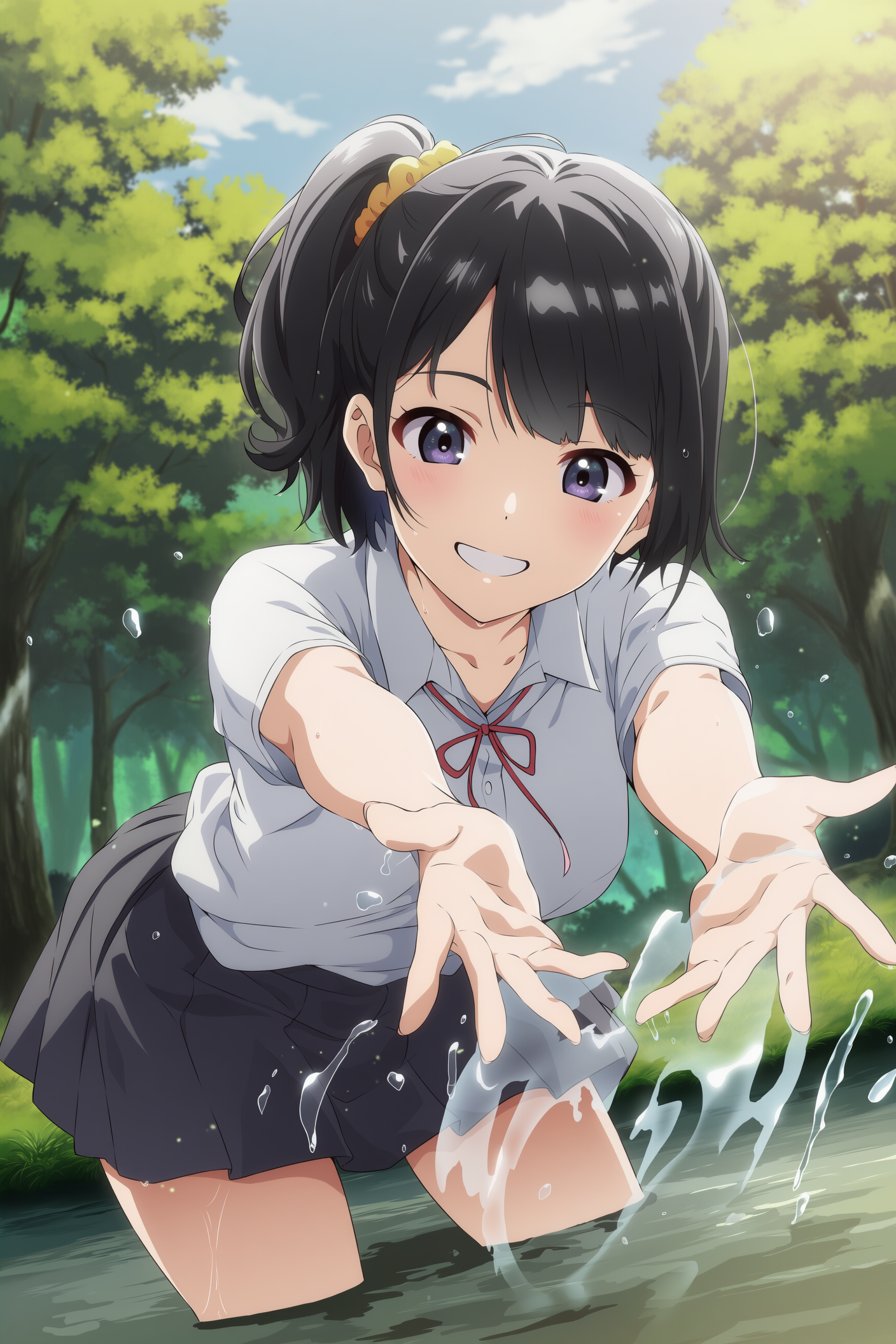 制服で川遊び