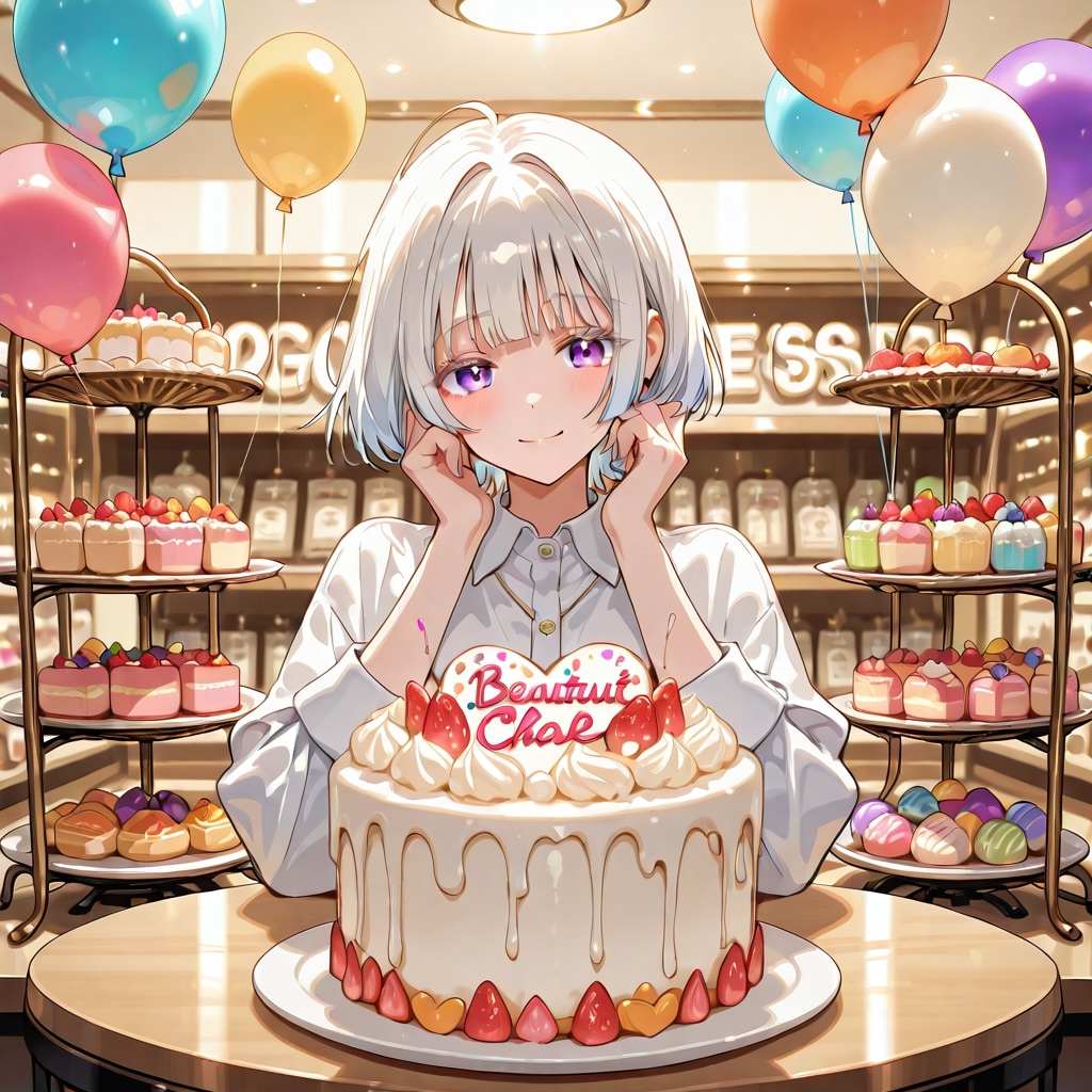 いっぱい色とりどりの風船を持つ白い髪ショートカットのケーキ屋さんの美女