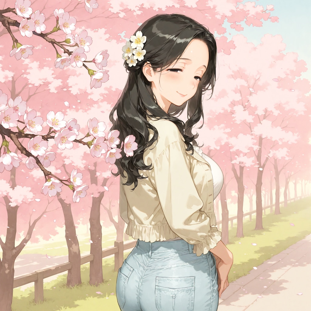 桜並木とサナエさん