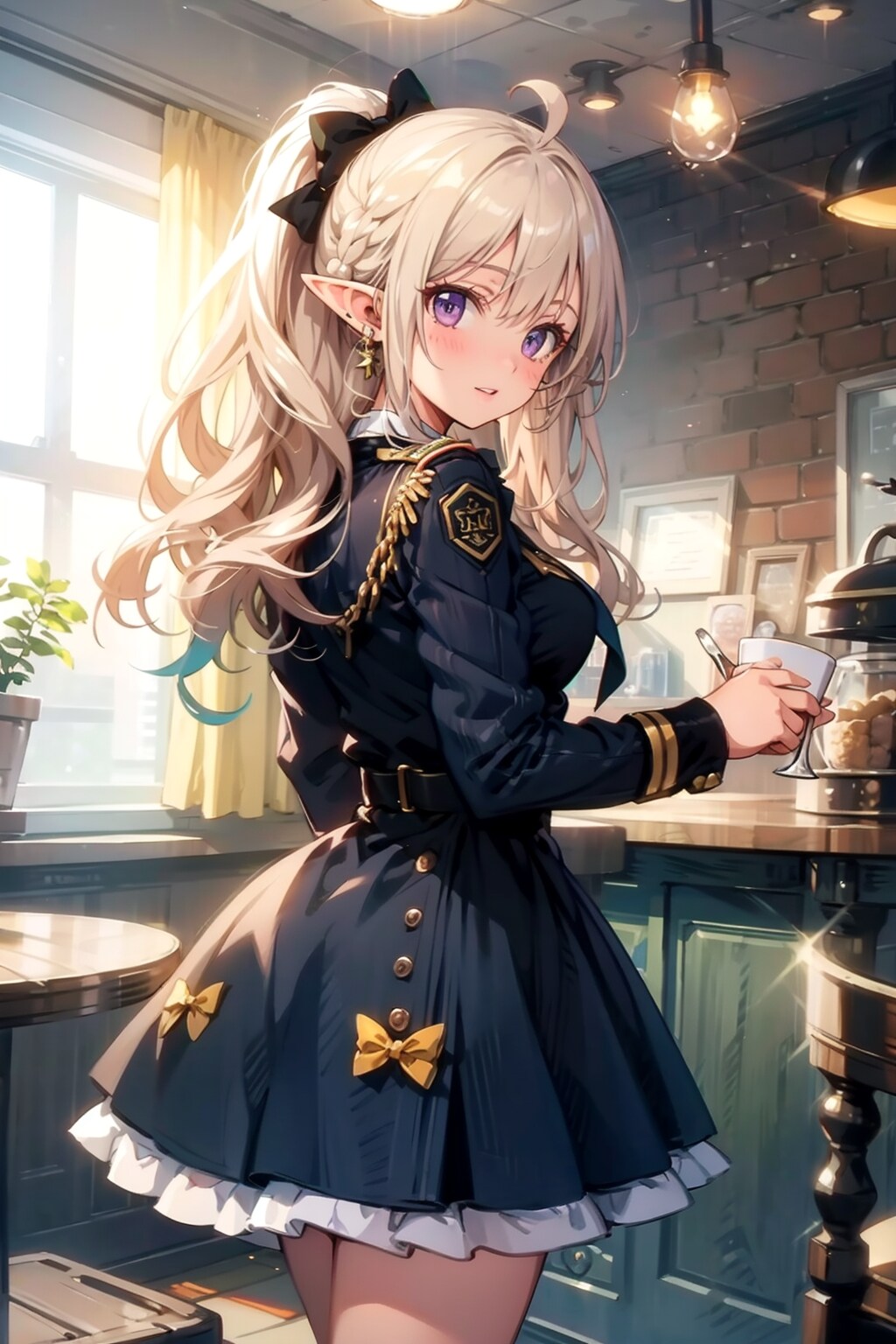 【習作】金髪エルフのポニーテール姿の女性軍人　ーカフェ編ー